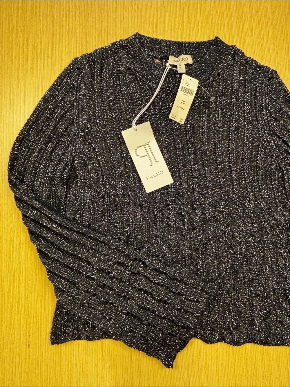 Pilcro Anthropologie Open Knit Black Metallic Silver Bell Sleeve Sweater Sz S